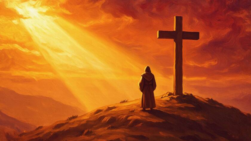 Painted illustration of light breaking over a rugged cross for the divine exchange sermon