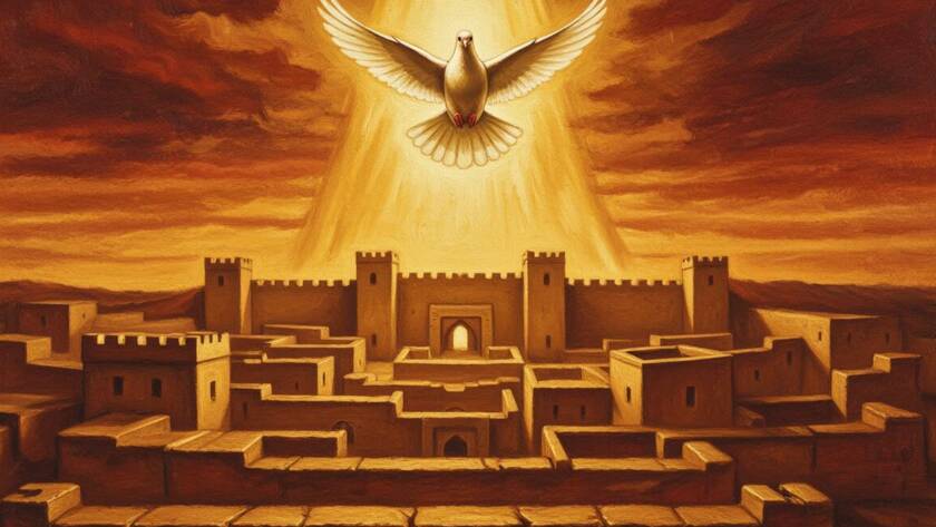 Painted illustration of a dove descending in warm light over a weeping city, symbolizing Holy Spirit and Power 11