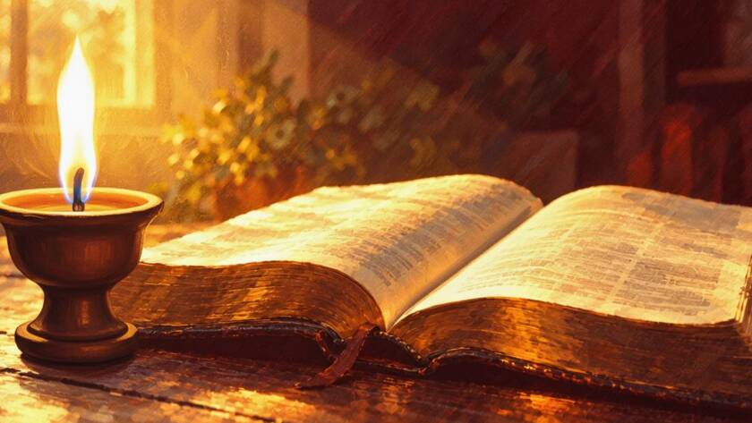 Painted illustration of a clay oil lamp burning brightly beside an open Bible for the holy spirit and power sermon