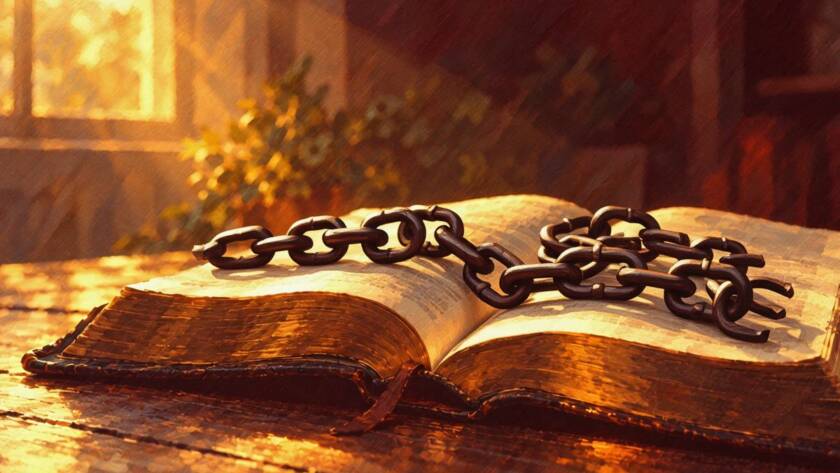 Painted illustration of broken chains on an open Bible in golden light for the law of the spirit in christ jesus
