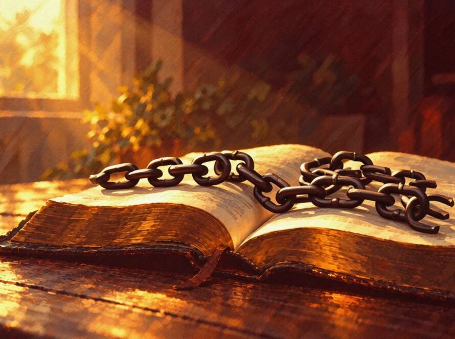 Painted illustration of broken chains on an open Bible in golden light for the law of the spirit in christ jesus
