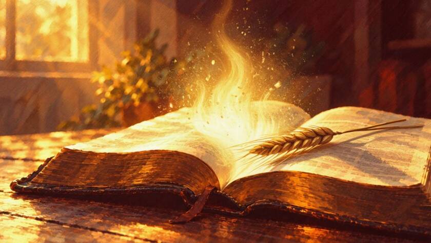 Painted illustration of an open Bible glowing with warm light for the law of the spirit of Christ Jesus sermon