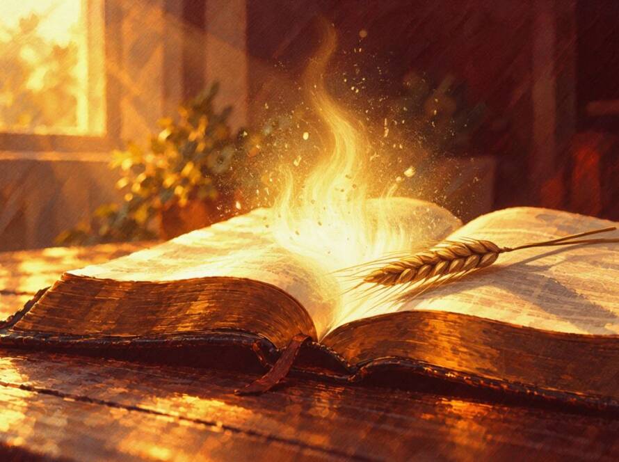 Painted illustration of an open Bible glowing with warm light for the law of the spirit of Christ Jesus sermon