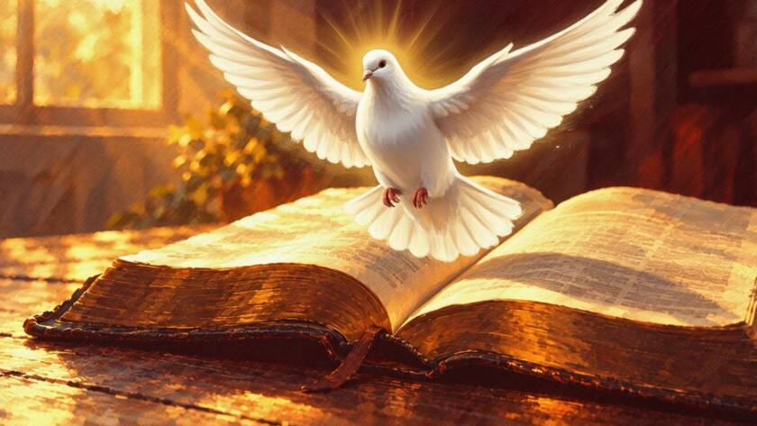 Painted dove of light over an open Bible at Romans 8 for the law of the Spirit of life in Christ Jesus