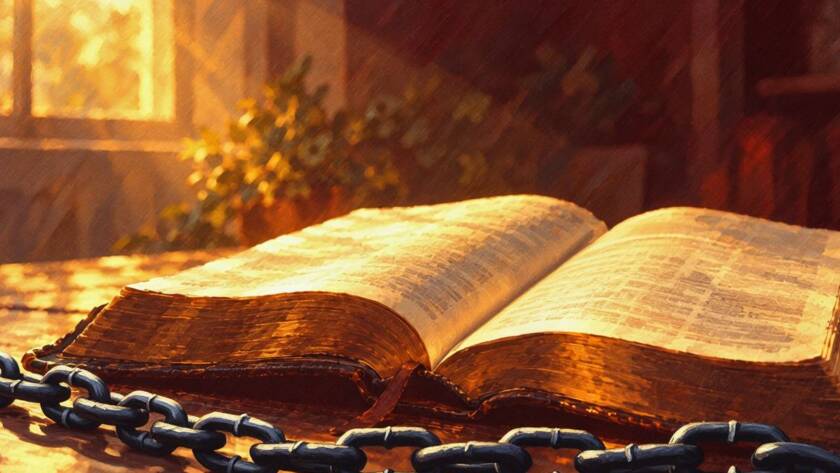 Painted illustration of broken chains beside an open Bible for the law of the Spirit of life in Christ Jesus
