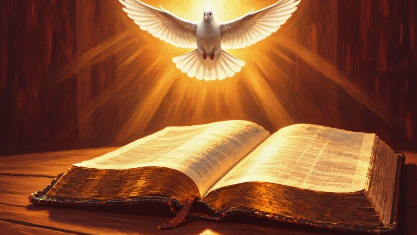 Painted illustration of an open Bible with a dove above for the law of the spirit of life in Christ Jesus