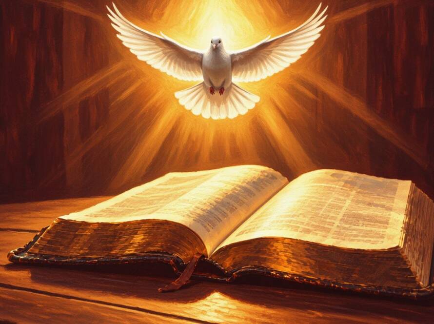 Painted illustration of an open Bible with a dove above for the law of the spirit of life in Christ Jesus
