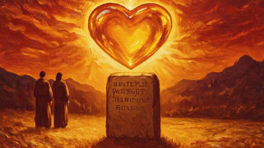 Painted stone tablet beside a glowing heart of light, the law of the spirit of life in Christ Jesus