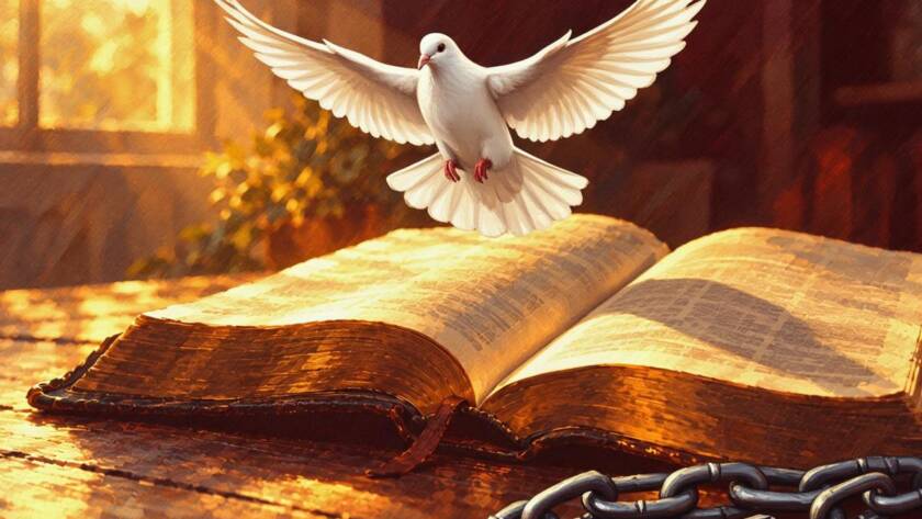 Painted illustration of a dove above an open Bible and broken chains for the law of the Spirit of life in Christ Jesus