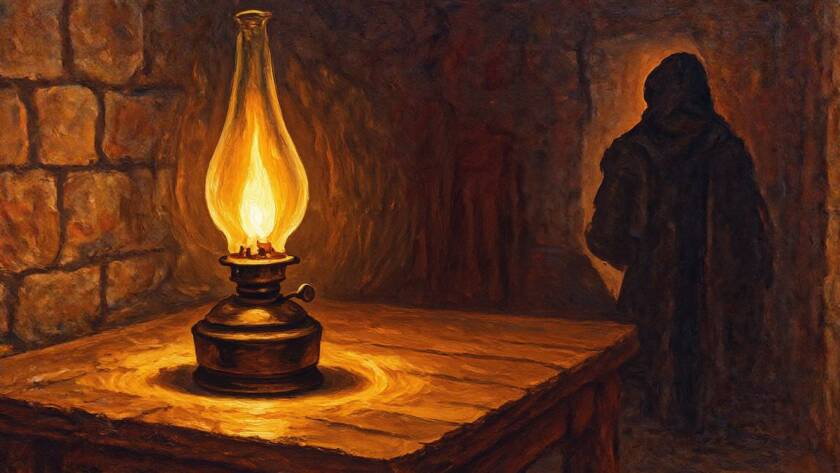 Painted illustration of a glowing lamp pouring warm light into a dark room for the law of the spirit of life in Christ Jesus