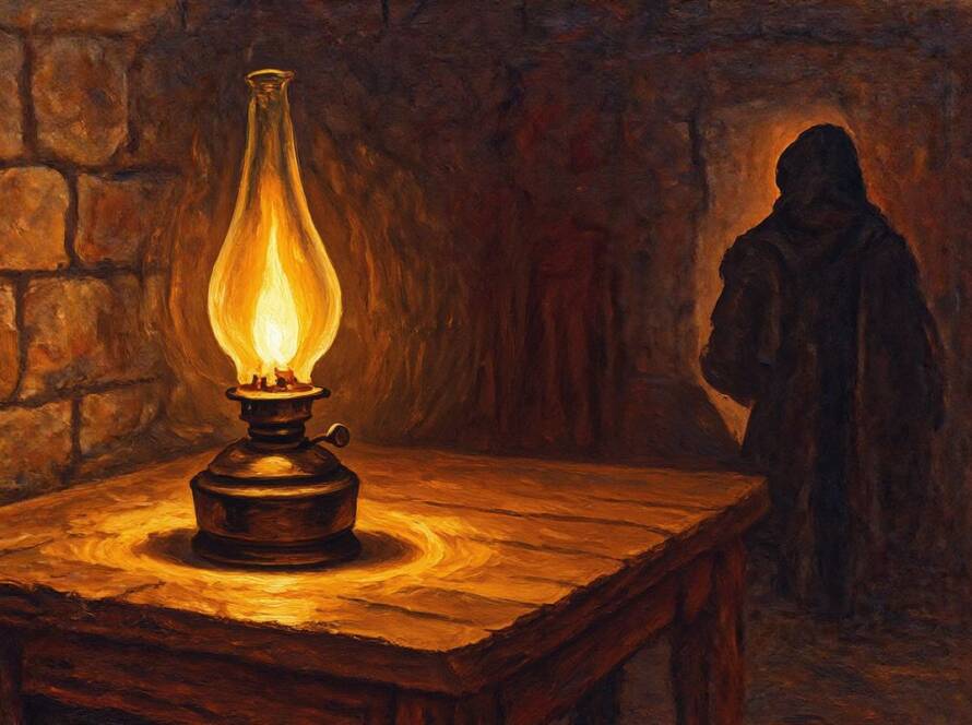 Painted illustration of a glowing lamp pouring warm light into a dark room for the law of the spirit of life in Christ Jesus