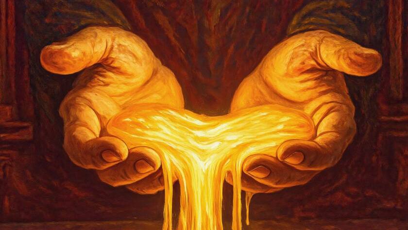Painted illustration of open hands receiving golden light, for the law of the Spirit of life in Christ Jesus sermon