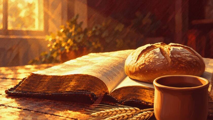 Painted open Bible beside bread and a cup in golden light for the law of the spirit of life in Jesus Christ sermon