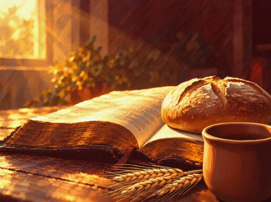 Painted open Bible beside bread and a cup in golden light for the law of the spirit of life in Jesus Christ sermon