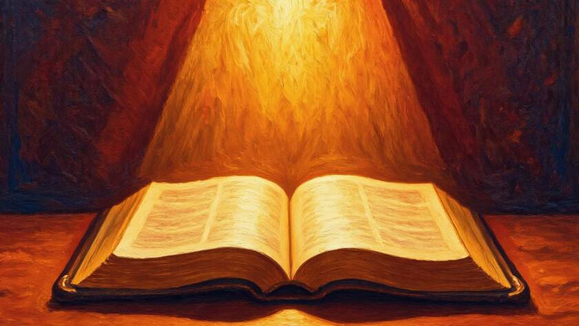 Painted illustration of light breaking into darkness over an open Bible for the name of Jesus sermon