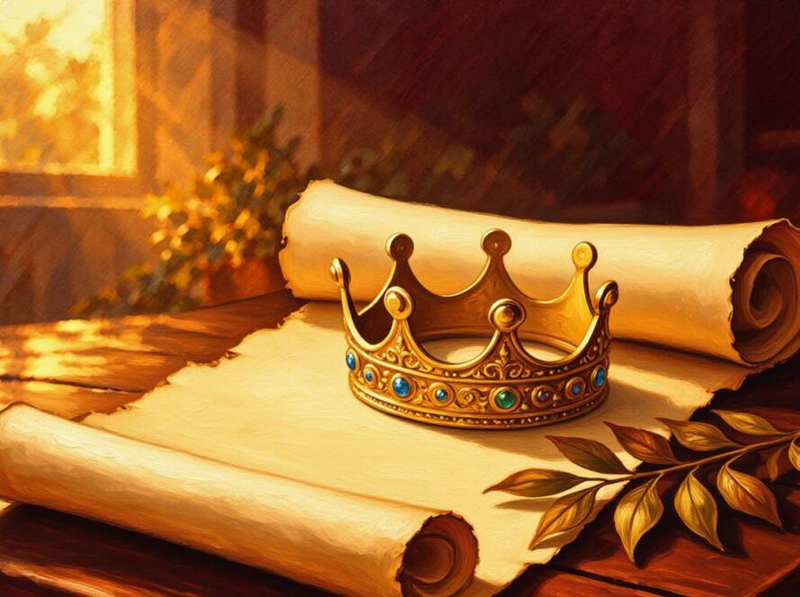 Painted illustration of a crown and a branch on an open scroll of Jeremiah for the names of God sermon