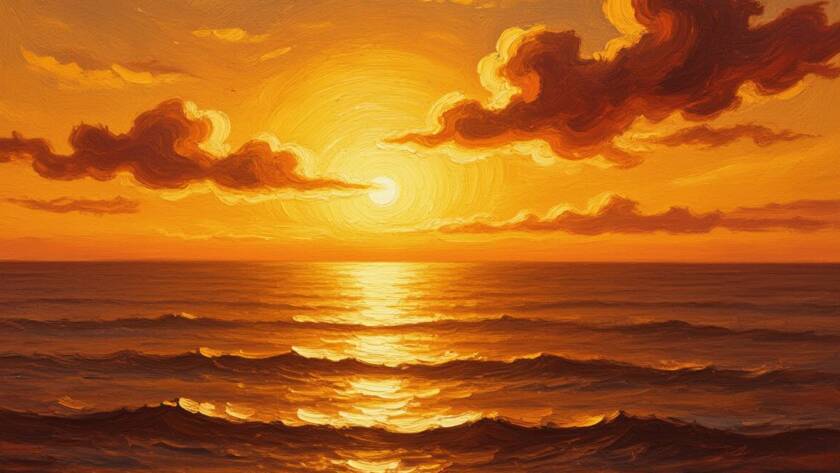 Painted illustration of a calm sea under a golden sunrise after a storm, picturing the peace of God