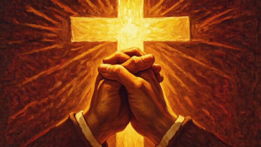 Painted illustration of two hands clasping beneath a cross of golden light, the power of God's love