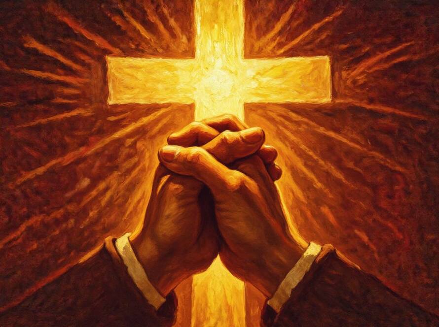 Painted illustration of two hands clasping beneath a cross of golden light, the power of God's love