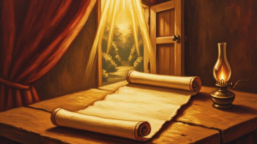 Painted illustration of an open scroll lit by a lamp beside a half-open gate, a call to watch your words