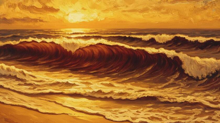 Painted illustration of waves stopped at a sandy shoreline in golden light, a picture of faith filled words