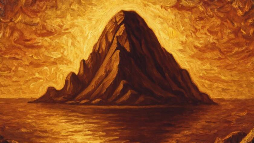 Painted illustration of a mountain cast into the sea at a spoken word, a symbol of the Power of Words 6 message