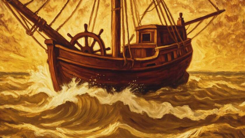 Painted illustration of a small ship rudder steering through golden waves, a symbol of the Power of Words 7 message