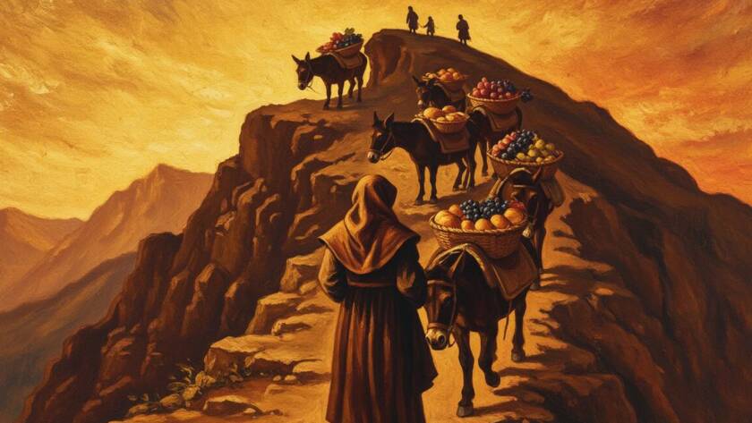 Painted illustration of Abigail leading donkeys with gifts up a mountain path, words that build a good life