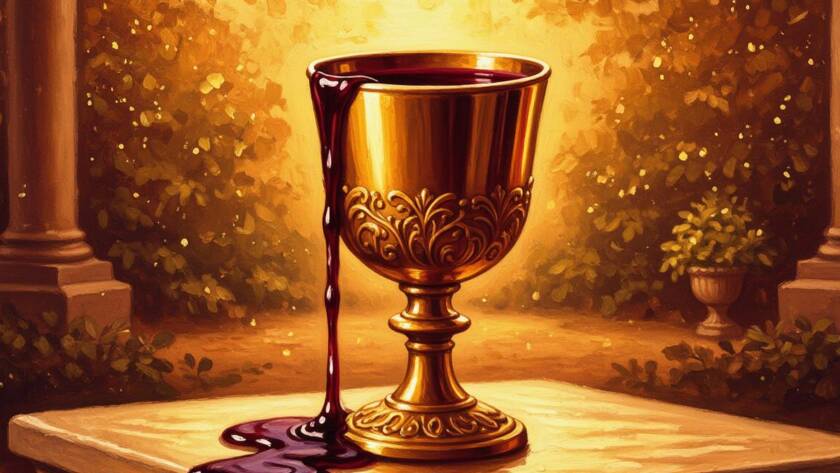 Painted illustration of a golden goblet overflowing with royal wine, a symbol of the Holy Spirit within us