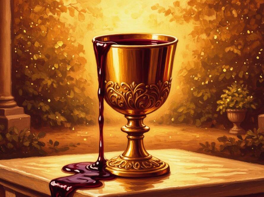 Painted illustration of a golden goblet overflowing with royal wine, a symbol of the Holy Spirit within us