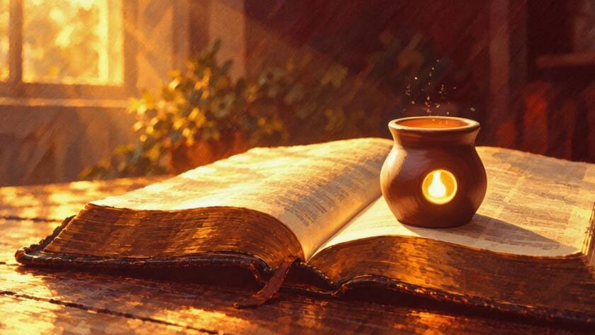 Painted illustration of a clay vessel filled with light beside an open Bible for the Tim Zier message