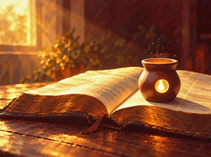 Painted illustration of a clay vessel filled with light beside an open Bible for the Tim Zier message