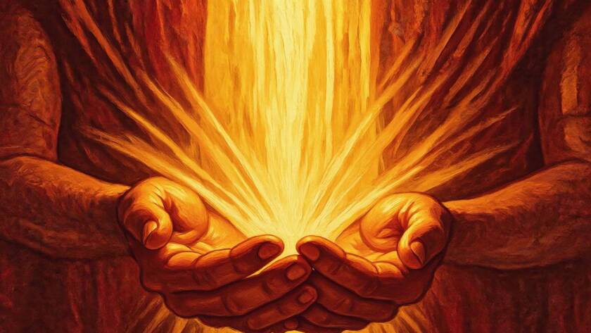 Painted illustration of a golden waterfall of light pouring over open hands: we triumph in God's love