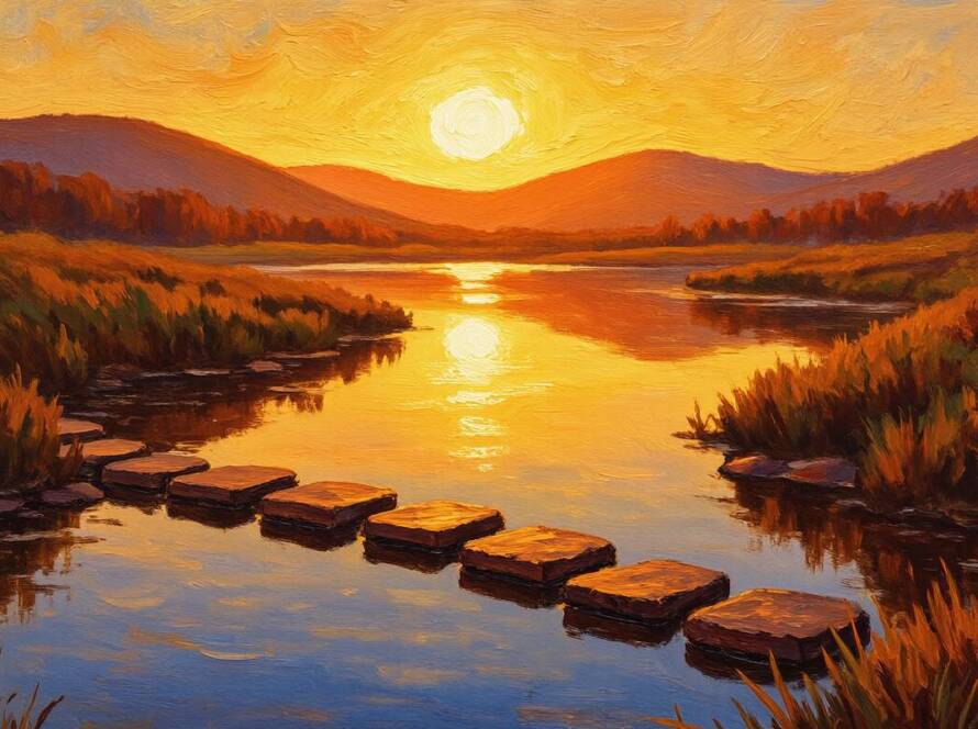 Painted illustration of a path of stepping stones leading toward a sunrise, asking what is God asking of you