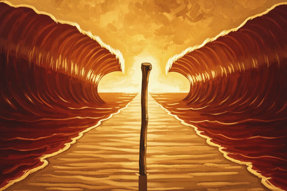 Painted illustration of a wooden shepherd's staff planted at the edge of parted sea waters with a dry path between them