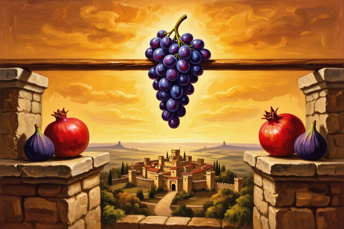 Painted illustration of a large cluster of grapes on a wooden pole between stone pillars above a fruitful promised land