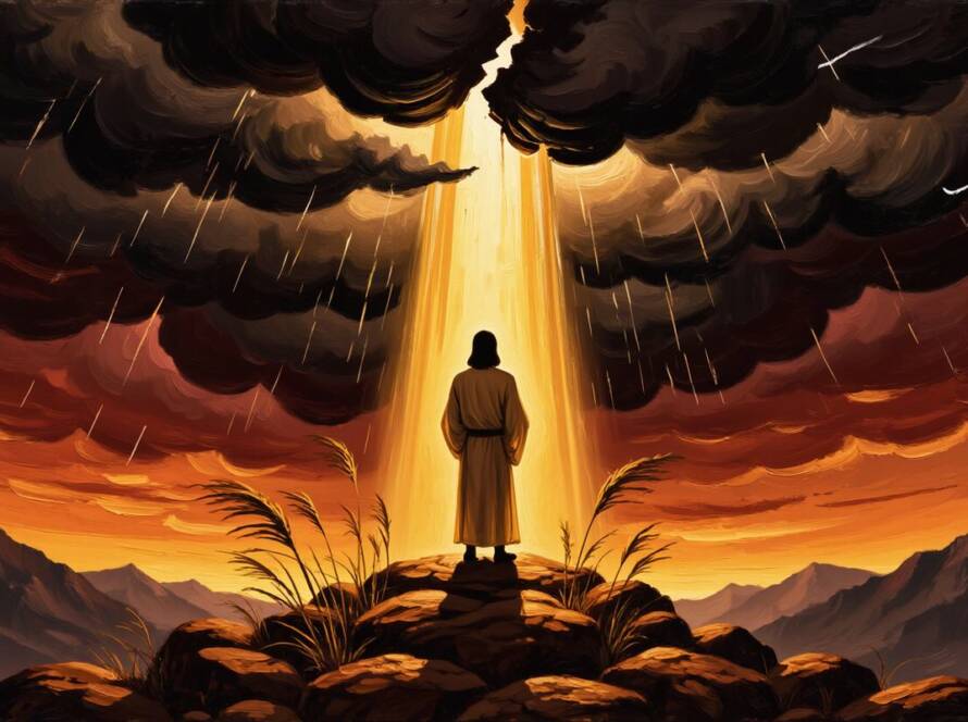 Painted illustration of a lone traveler on a hill looking up to golden light: who are you looking to in the storm
