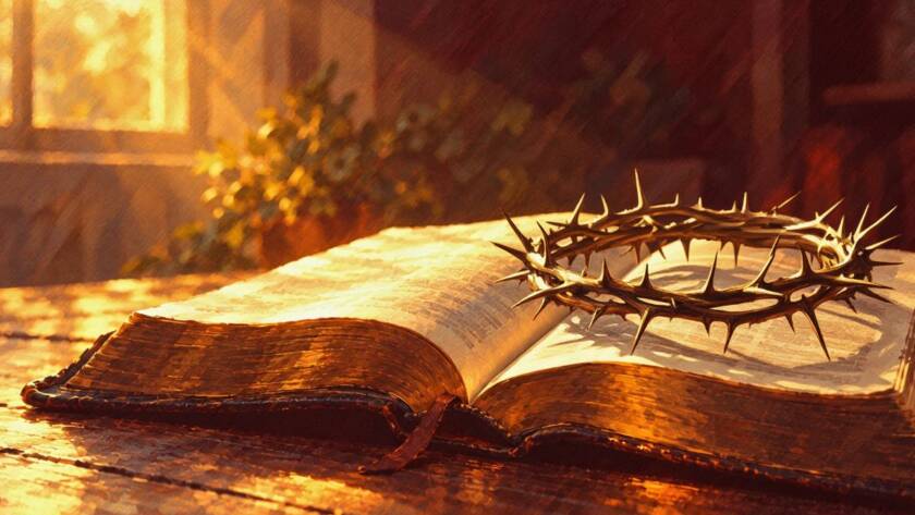 Painted illustration of a crown of thorns beside an open Bible in warm light for the who is Jesus sermon