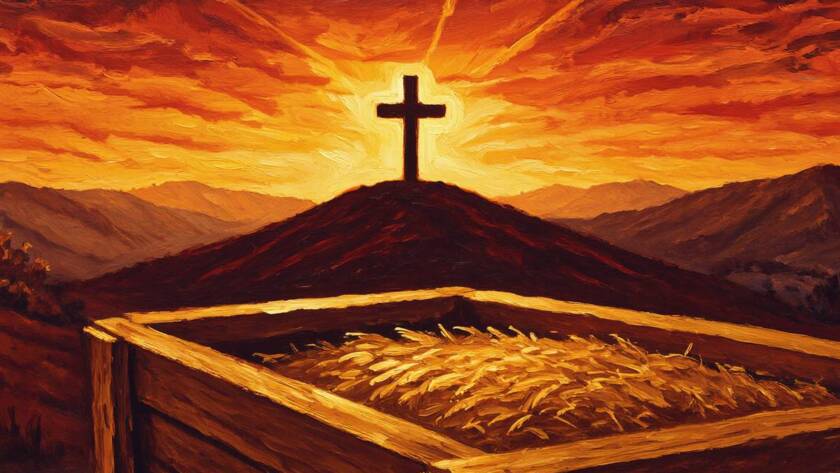 Painted illustration of an empty manger with a distant cross on a hill at dawn for the who is jesus sermon