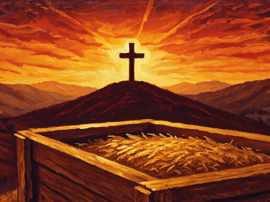 Painted illustration of an empty manger with a distant cross on a hill at dawn for the who is jesus sermon