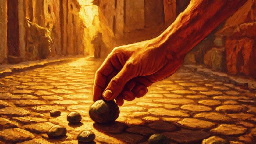 Painted illustration of a hand writing in the dust beside dropped stones for the who is Jesus sermon