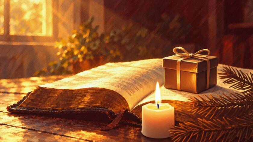 Painted illustration of a small wrapped gift glowing on an open Bible beside a candle: you have a purpose
