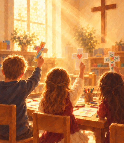 Children holding up paper cross crafts in a sunlit church classroom