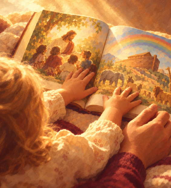 Toddler's hands on an illustrated children's Bible