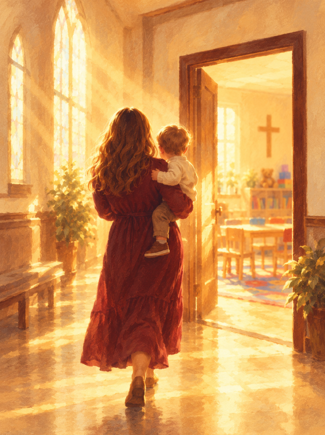 Mother carrying her toddler down a sunlit church hallway