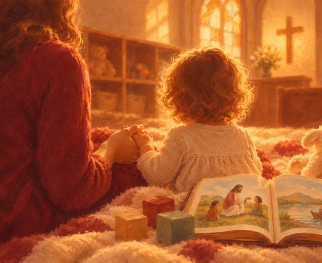 Toddler with a picture book beneath stained glass windows